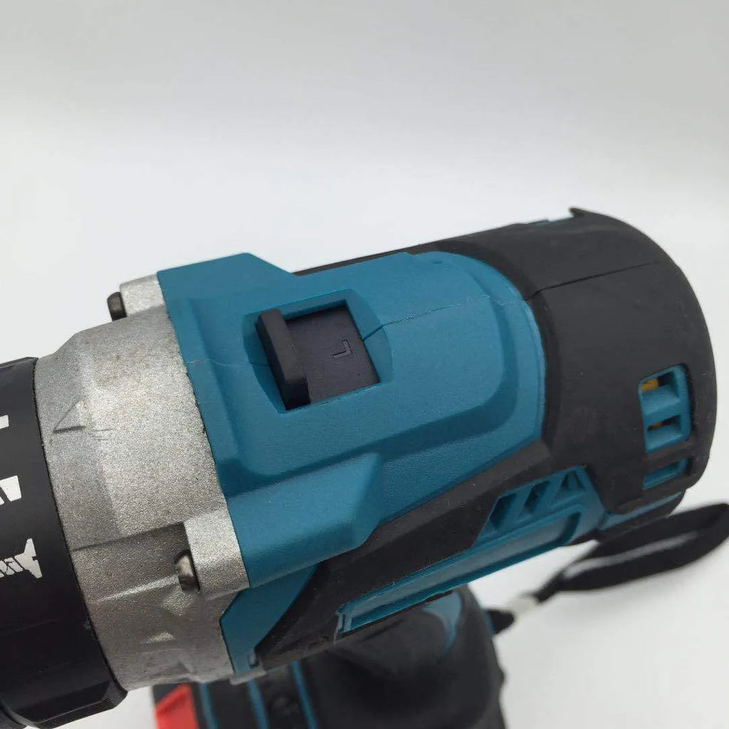 21V lithium battery cordless impact drill and screwdriver with 13mm chuck on a workbench.
