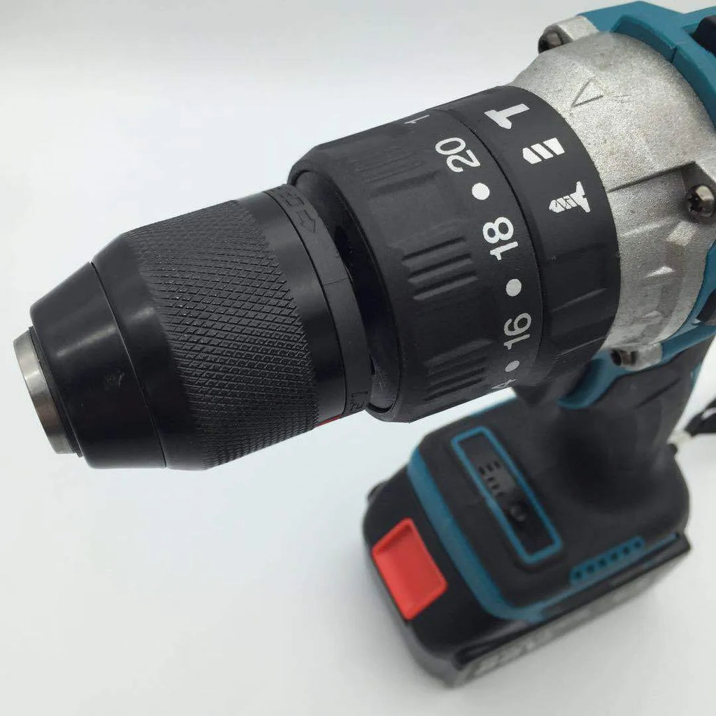 21V lithium battery cordless impact drill and screwdriver with 13mm chuck on a workbench.