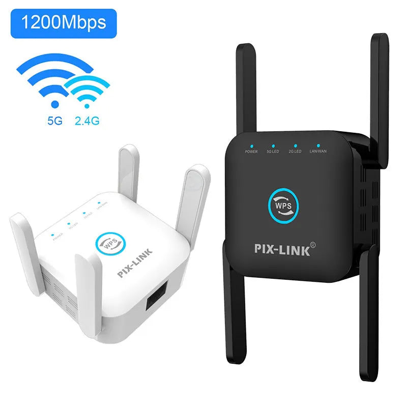 PIXLINK AC24 dual frequency wireless WiFi extender in black or white colour with regional power options