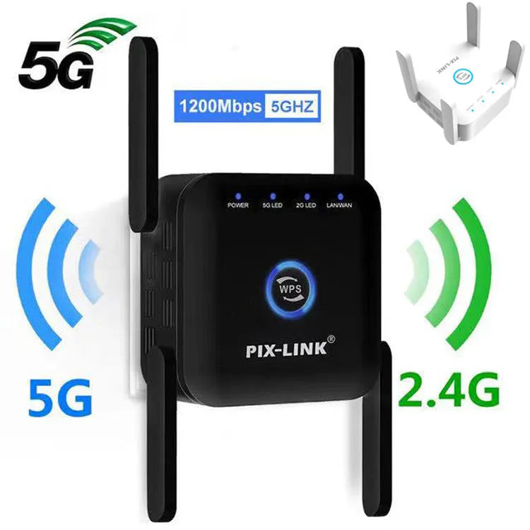PIXLINK AC24 dual frequency wireless WiFi extender in black or white colour with regional power options