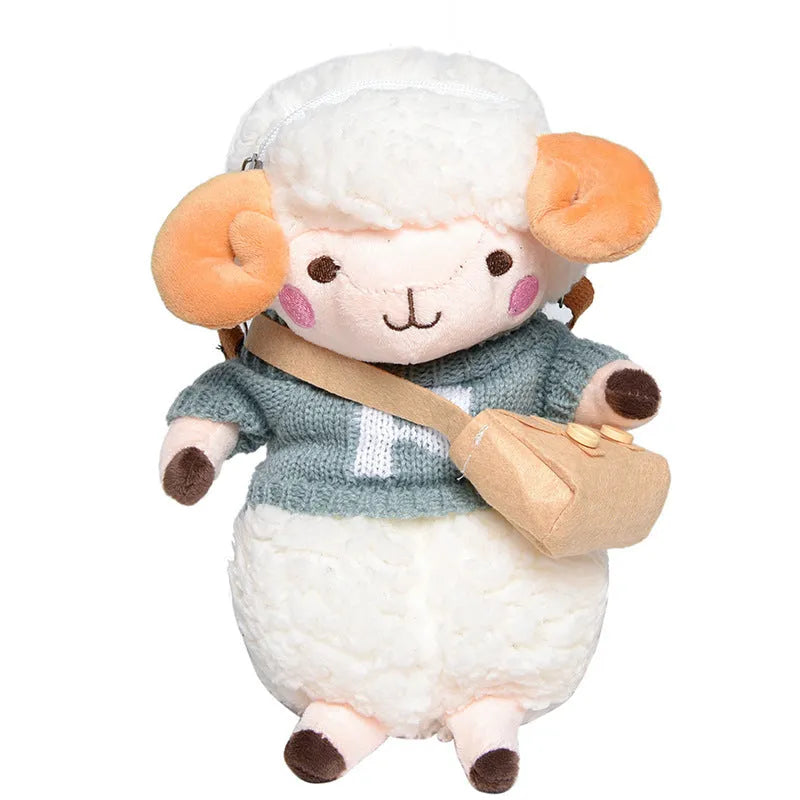 Small blue plush crossbody bag with a lamb pattern and zip pocket.