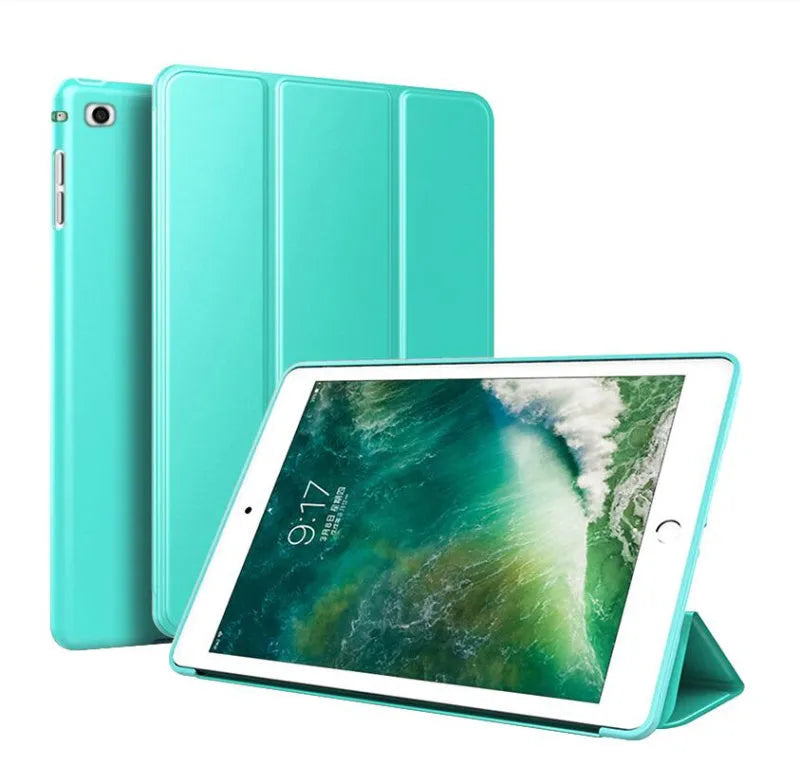 Clamshell iPad case with kickstand open, showing black TPU material and model fit for 9.7-inch tablet.