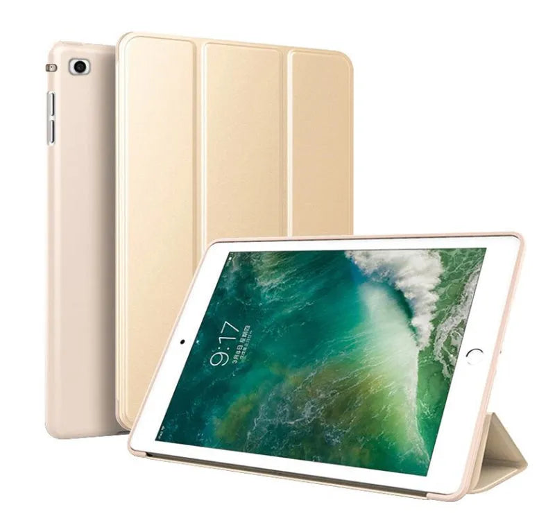 Clamshell iPad case with kickstand open, showing black TPU material and model fit for 9.7-inch tablet.