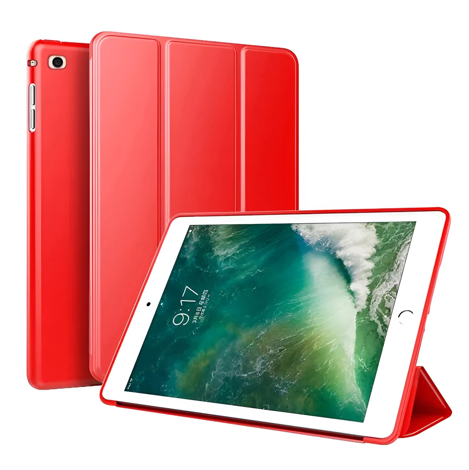 Clamshell iPad case with kickstand open, showing black TPU material and model fit for 9.7-inch tablet.