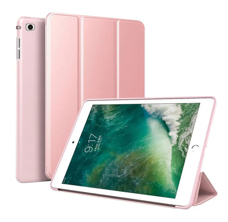 Clamshell iPad case with kickstand open, showing black TPU material and model fit for 9.7-inch tablet.