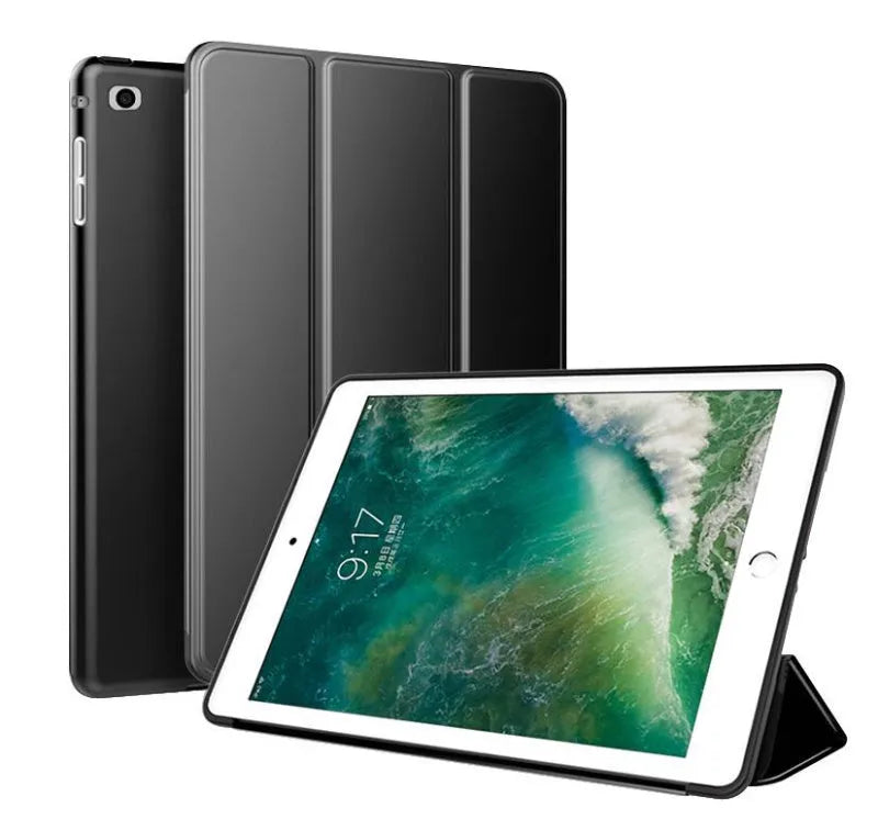 Clamshell iPad case with kickstand open, showing black TPU material and model fit for 9.7-inch tablet.