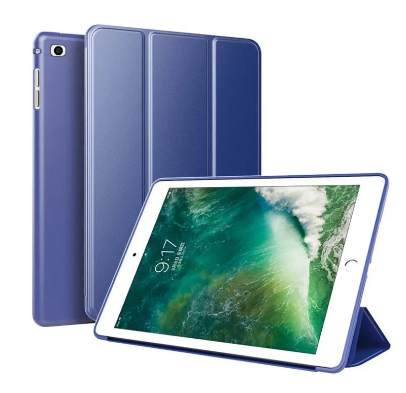 Clamshell iPad case with kickstand open, showing black TPU material and model fit for 9.7-inch tablet.