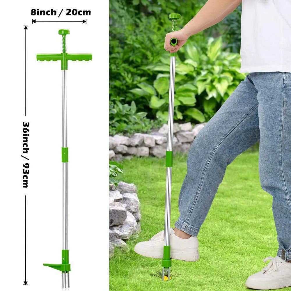 1046a manual garden weeding tool with aluminium handle on a soil background.