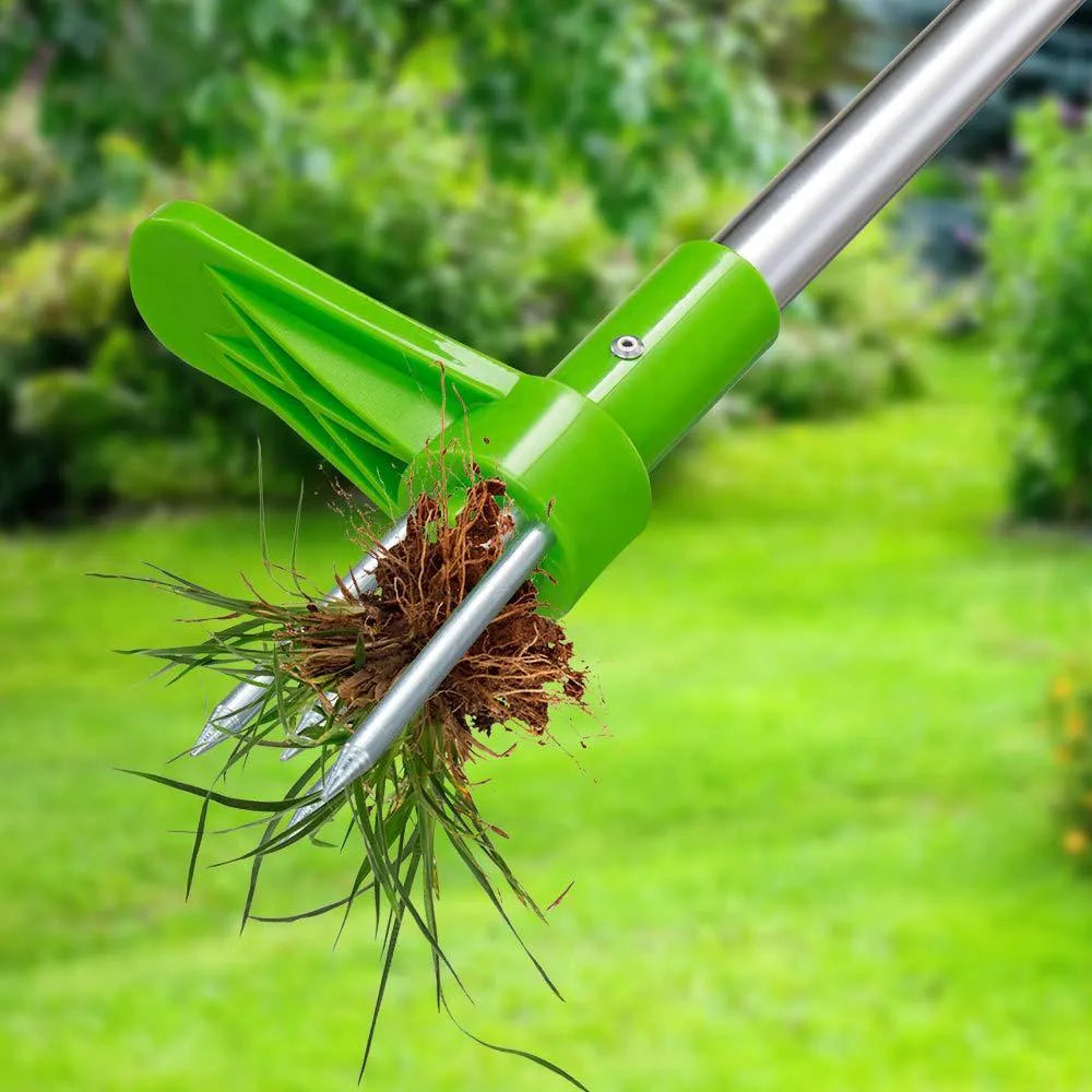 1046a manual garden weeding tool with aluminium handle on a soil background.