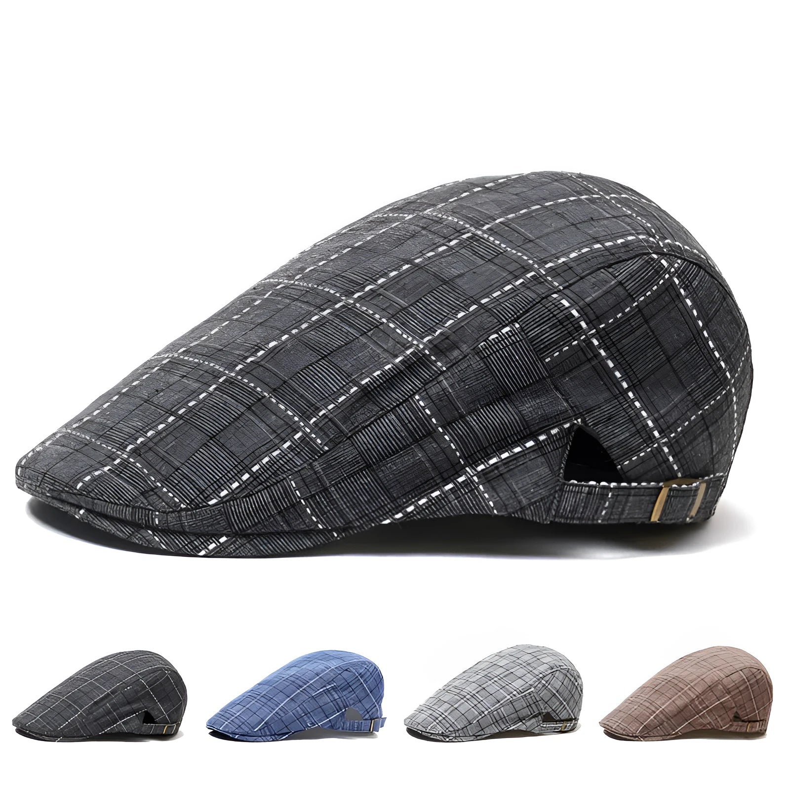Cotton plaid peaked cap with short brim, tapered top, satin weave, casual sun hat in grey
