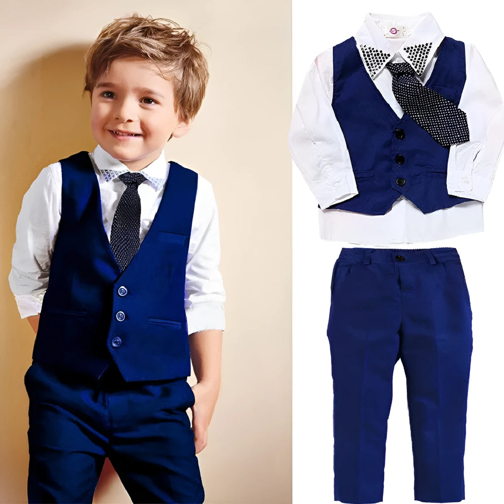 Blue boys' smart clothing set on hanger showing turtleneck, waistcoat, trousers, and tie.