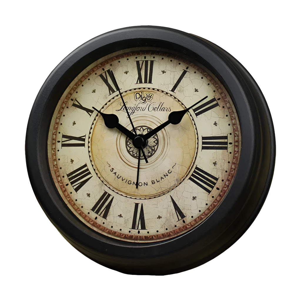 European retro style round desk clock with silent alarm function on wooden surface