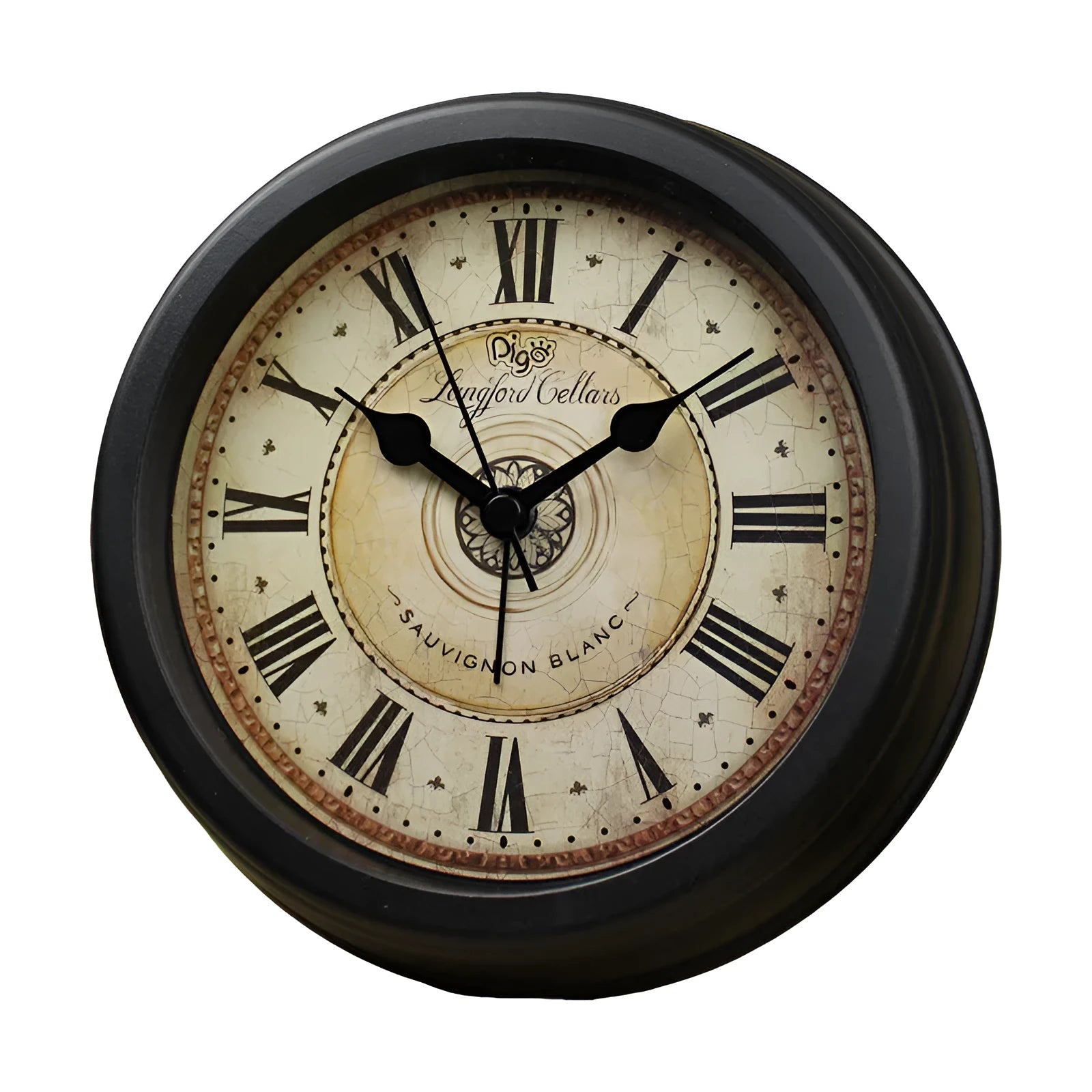 European retro style round desk clock with silent alarm function on wooden surface