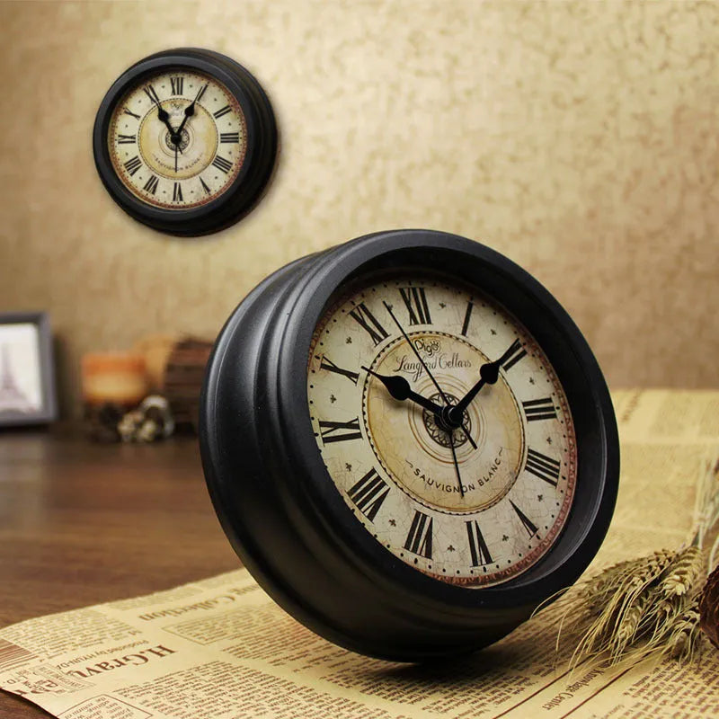European retro style round desk clock with silent alarm function on wooden surface