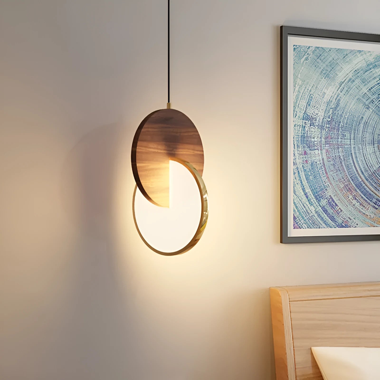 Long-line walnut wood chandelier with carved details and warm white LED lighting
