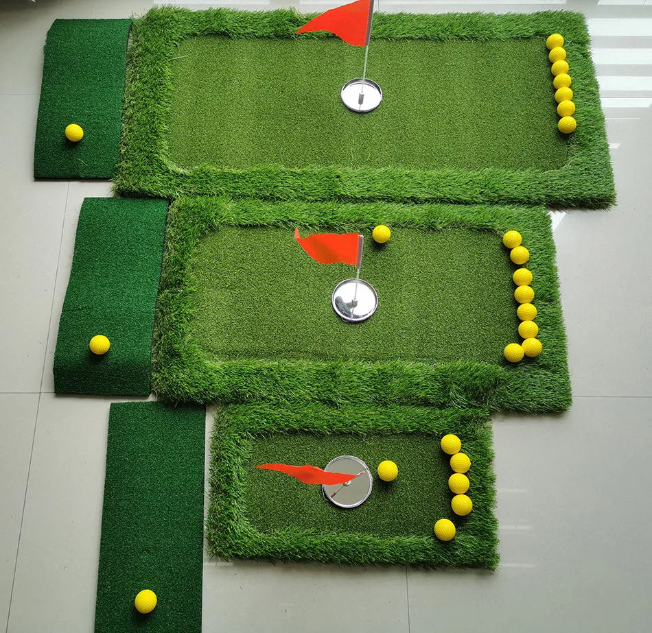 Green rectangular golf training mat on a flat surface, showing PP grass texture and EVA foam base.
