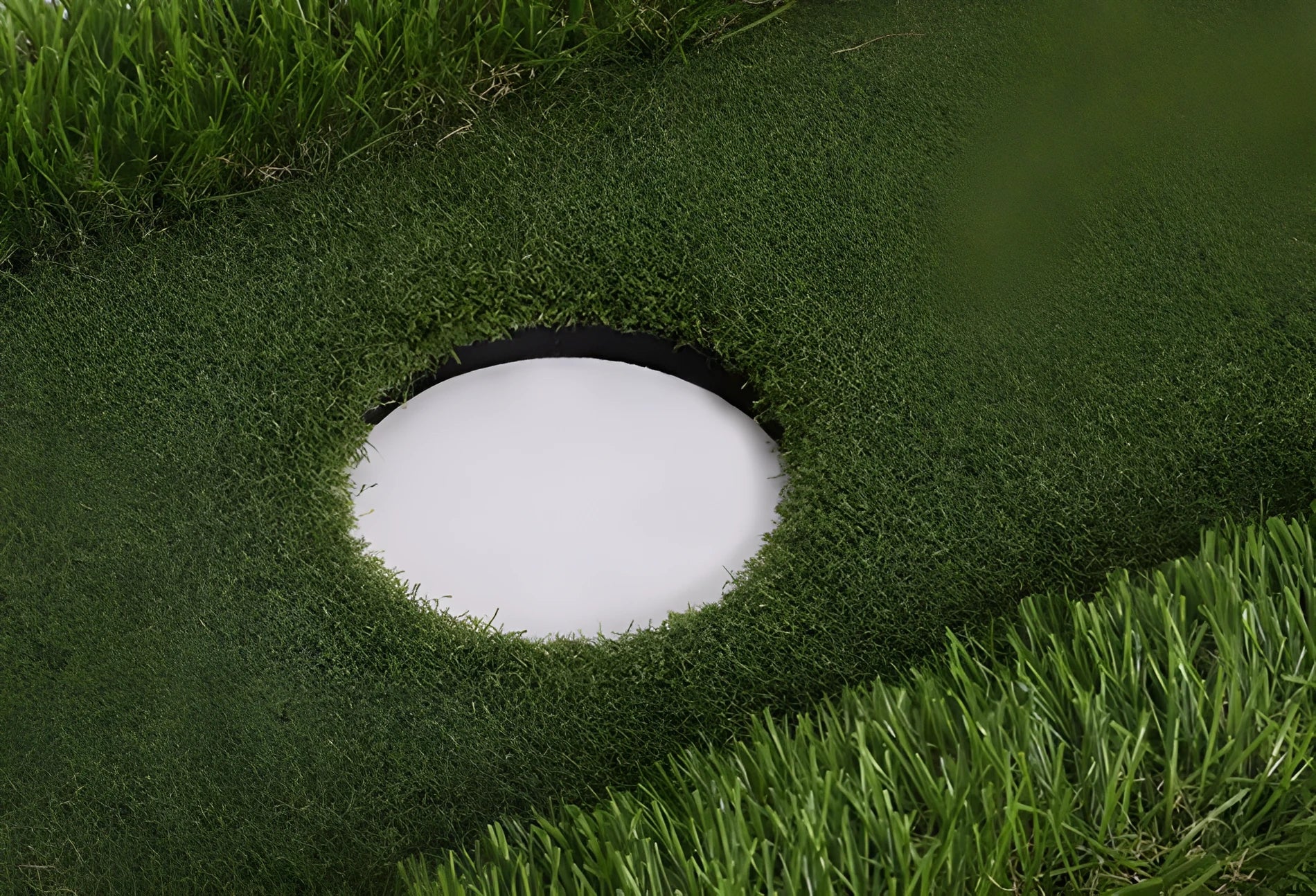 Green rectangular golf training mat on a flat surface, showing PP grass texture and EVA foam base.