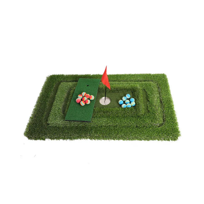 Green rectangular golf training mat on a flat surface, showing PP grass texture and EVA foam base.