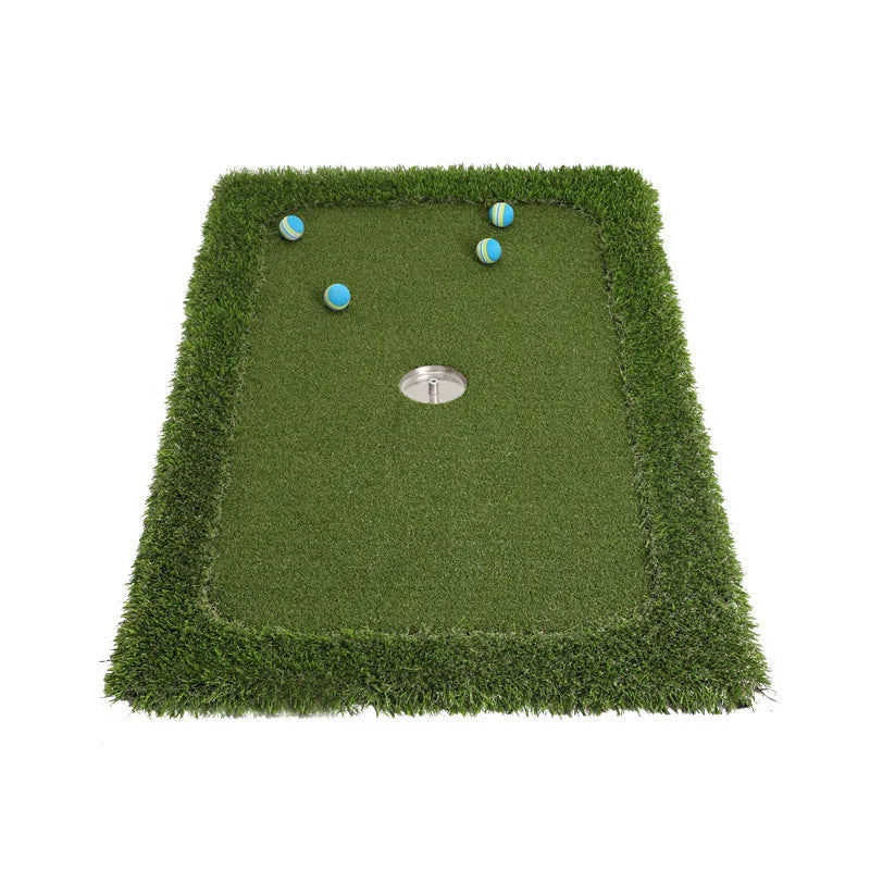 Green rectangular golf training mat on a flat surface, showing PP grass texture and EVA foam base.