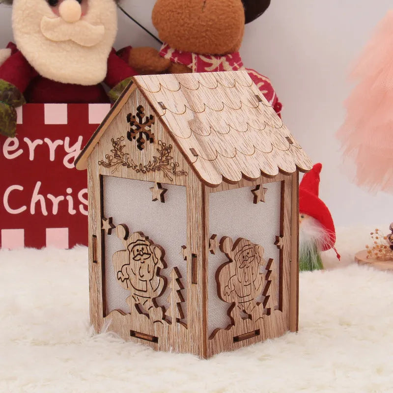 Natural wood Christmas decorations: small log bell and wooden houses with old man and snowman figures