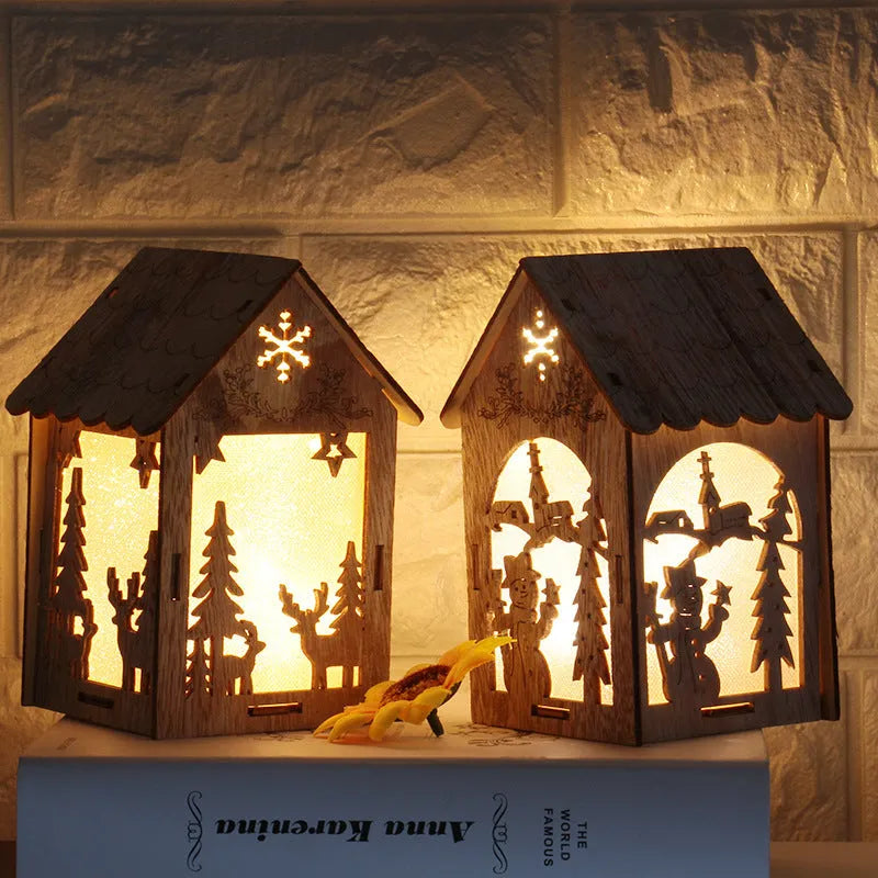 Natural wood Christmas decorations: small log bell and wooden houses with old man and snowman figures