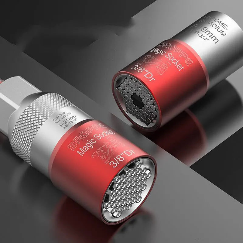 Red universal metric socket set showing 7-19mm and 9-21mm wrench sockets for electrical and mechanical work