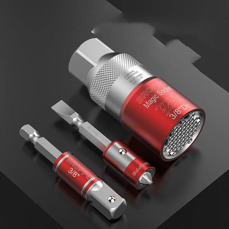 Red universal metric socket set showing 7-19mm and 9-21mm wrench sockets for electrical and mechanical work