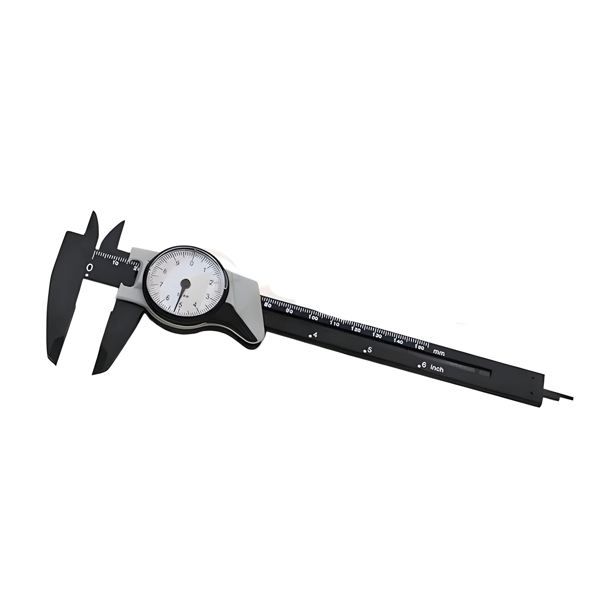 Black and white plastic vernier caliper with stainless steel jaws, showing 0-150mm scale.