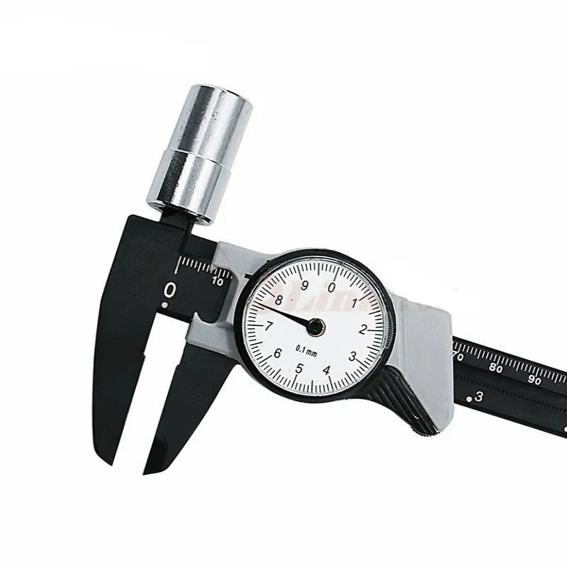 Black and white plastic vernier caliper with stainless steel jaws, showing 0-150mm scale.