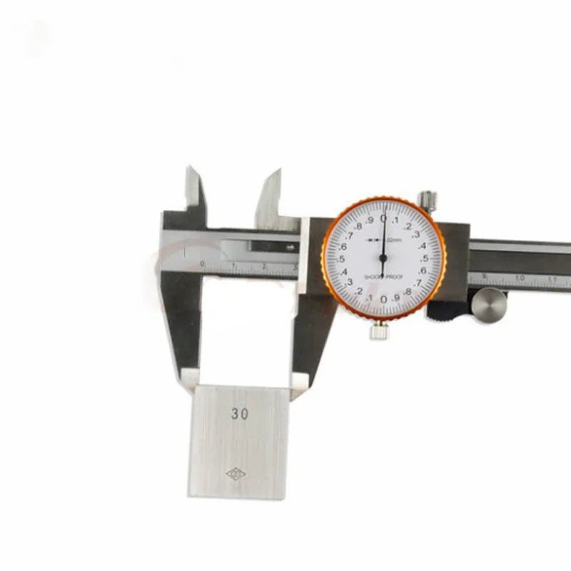 Black and white plastic vernier caliper with stainless steel jaws, showing 0-150mm scale.