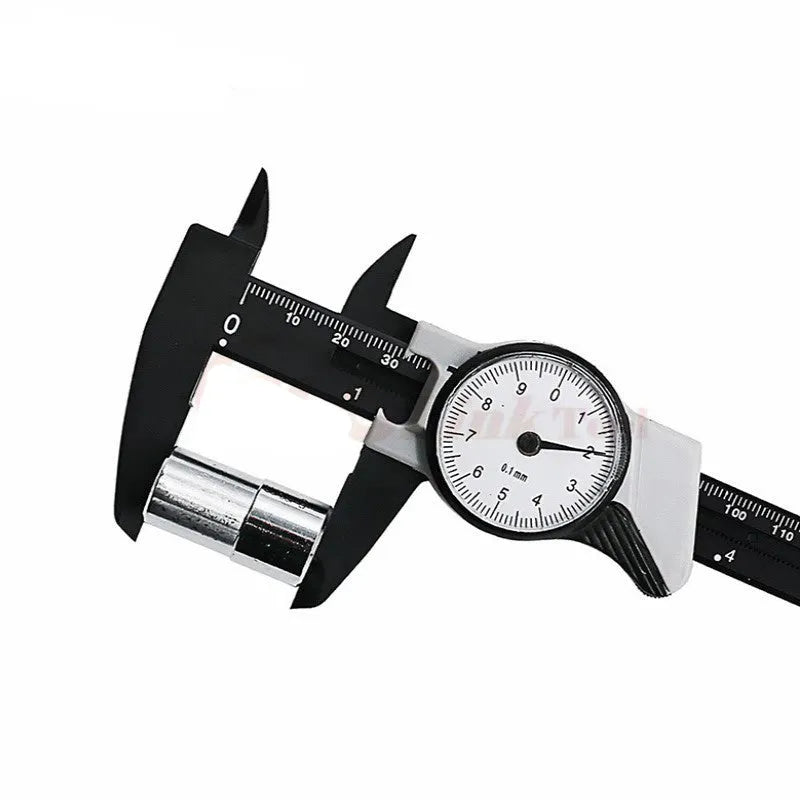 Black and white plastic vernier caliper with stainless steel jaws, showing 0-150mm scale.
