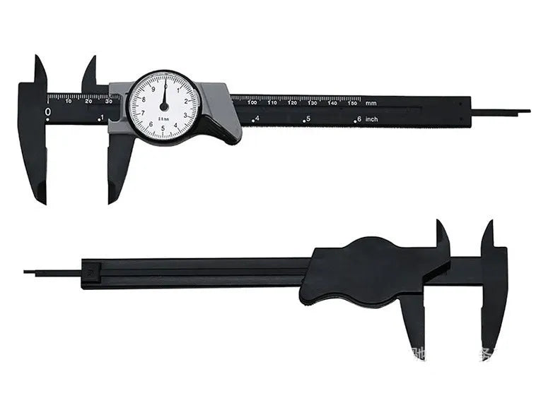 Black and white plastic vernier caliper with stainless steel jaws, showing 0-150mm scale.