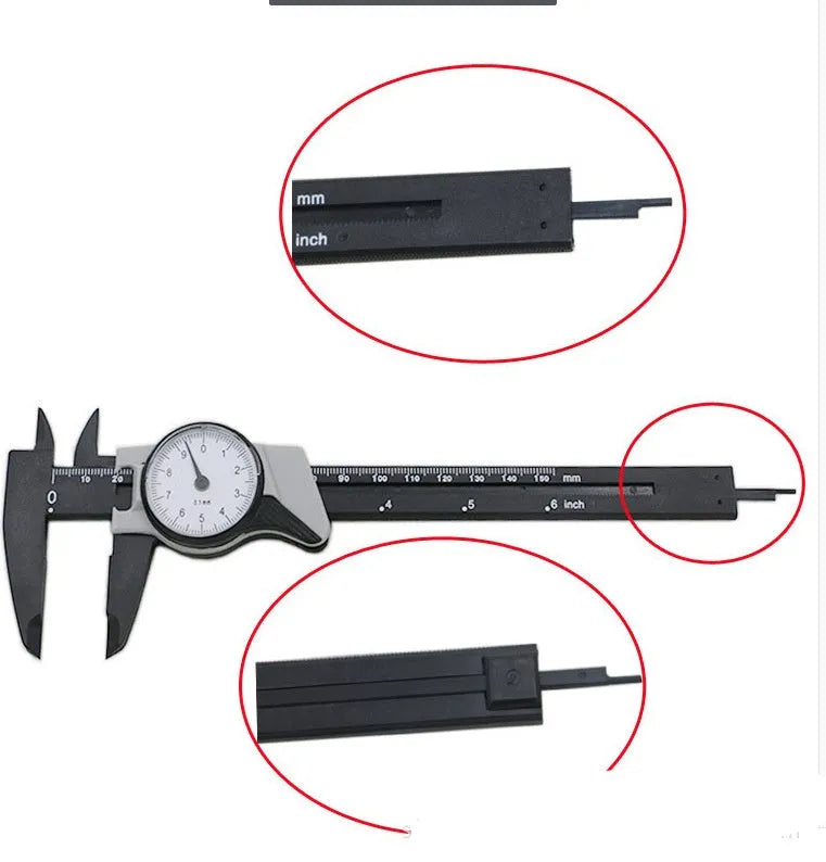 Black and white plastic vernier caliper with stainless steel jaws, showing 0-150mm scale.