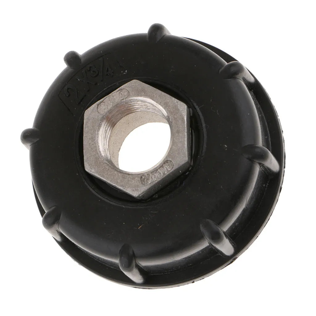 Black chemical barrel joint connector with threaded inlet and inner wire outlet for connecting 1000 litre barrels to pipe systems