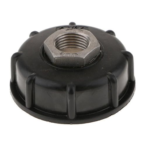 Black chemical barrel joint connector with threaded inlet and inner wire outlet for connecting 1000 litre barrels to pipe systems