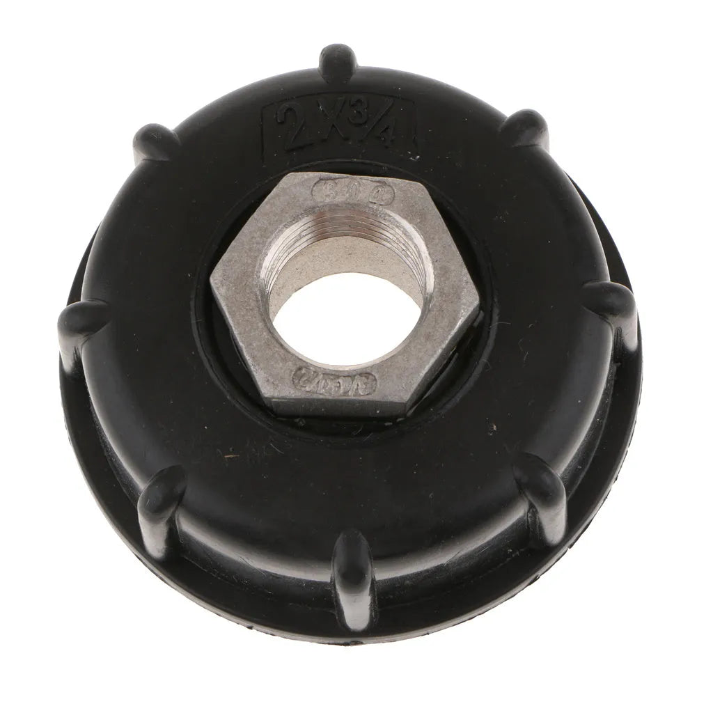 Black chemical barrel joint connector with threaded inlet and inner wire outlet for connecting 1000 litre barrels to pipe systems
