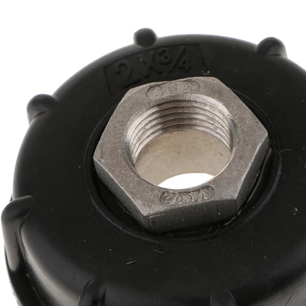Black chemical barrel joint connector with threaded inlet and inner wire outlet for connecting 1000 litre barrels to pipe systems