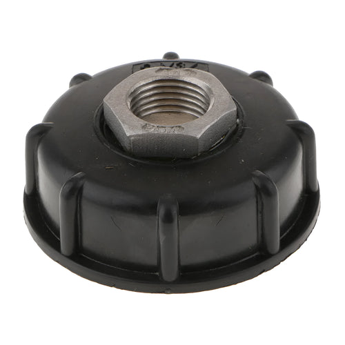 Black chemical barrel joint connector with threaded inlet and inner wire outlet for connecting 1000 litre barrels to pipe systems