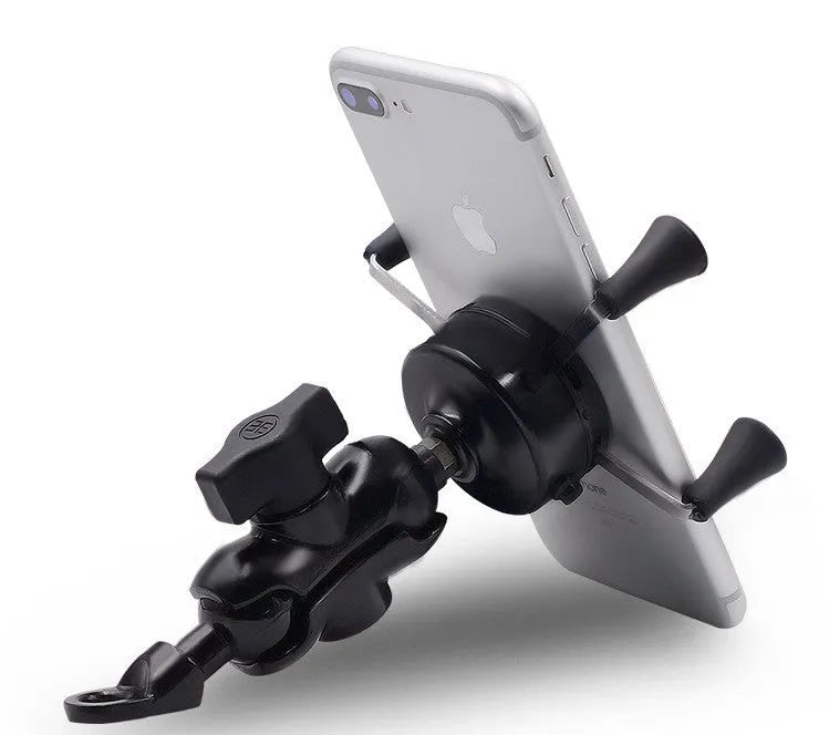 Black aluminium alloy motorcycle phone bracket mounted on handlebar holding mobile phone
