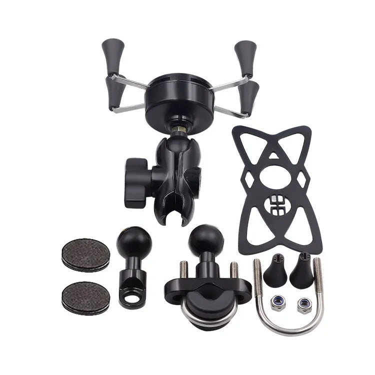 Black aluminium alloy motorcycle phone bracket mounted on handlebar holding mobile phone