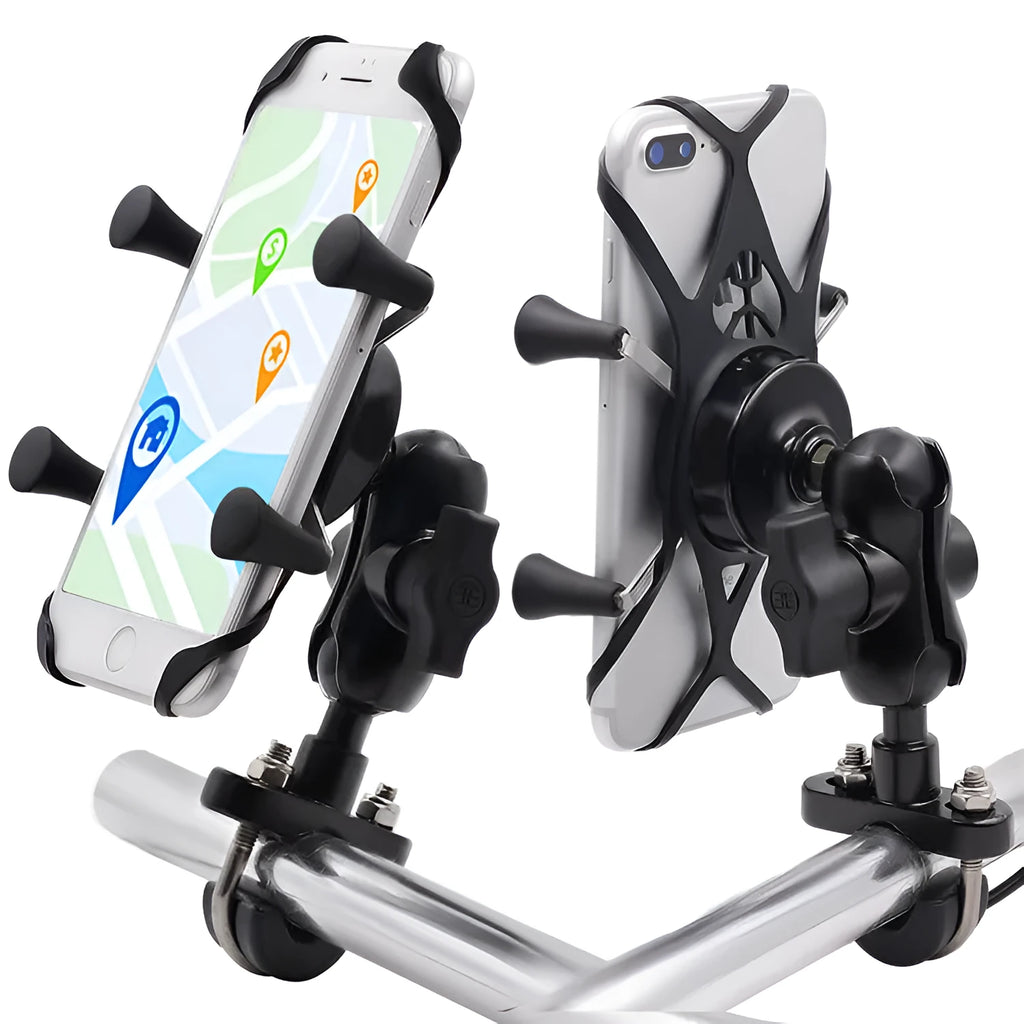 Black aluminium alloy motorcycle phone bracket mounted on handlebar holding mobile phone