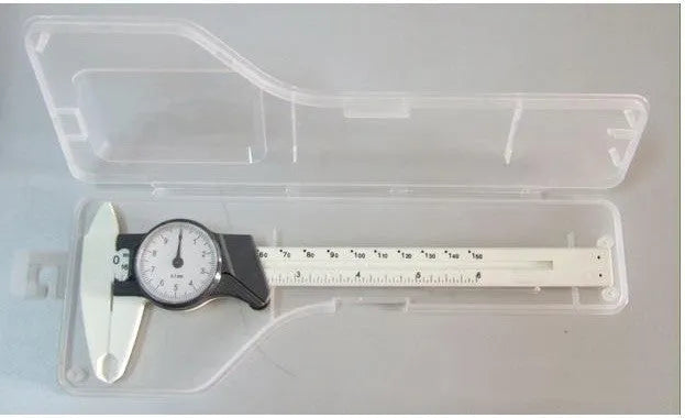 Black and white plastic vernier caliper with stainless steel jaws, showing 0-150mm scale.