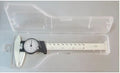 Black and white plastic vernier caliper with stainless steel jaws, showing 0-150mm scale.