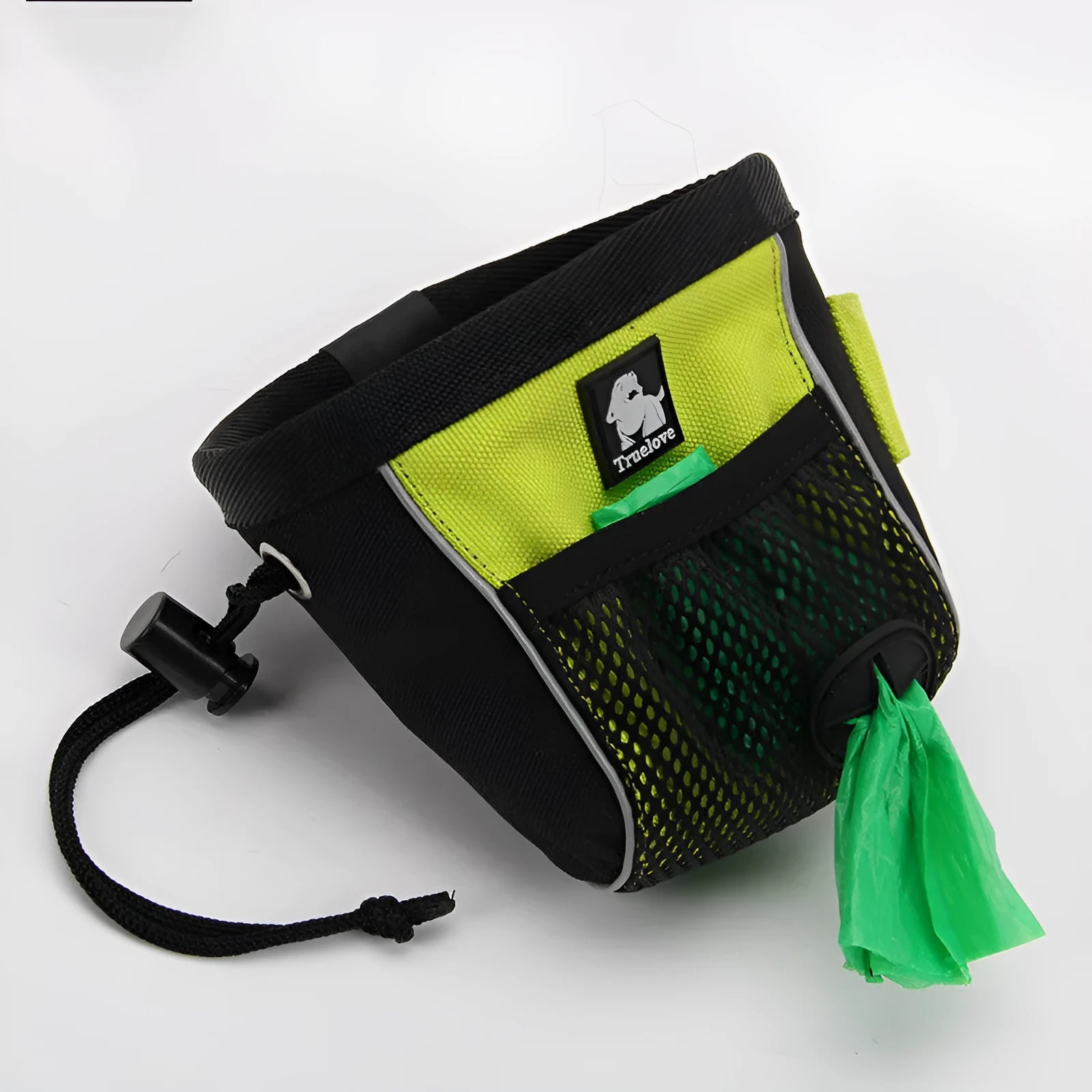 Green dog training waist bag with removable garbage compartment shown on waist during walk