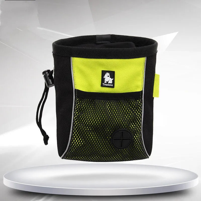 Green dog training waist bag with removable garbage compartment shown on waist during walk