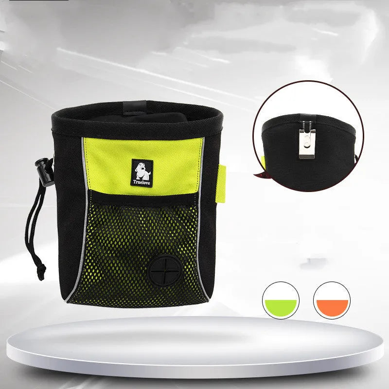 Green dog training waist bag with removable garbage compartment shown on waist during walk