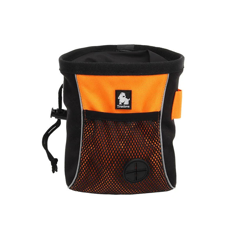 Green dog training waist bag with removable garbage compartment shown on waist during walk