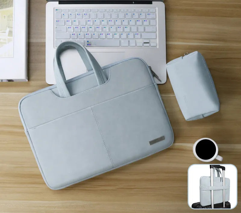 Blue waterproof PU leather laptop sleeve case open to show internal computer and phone pockets
