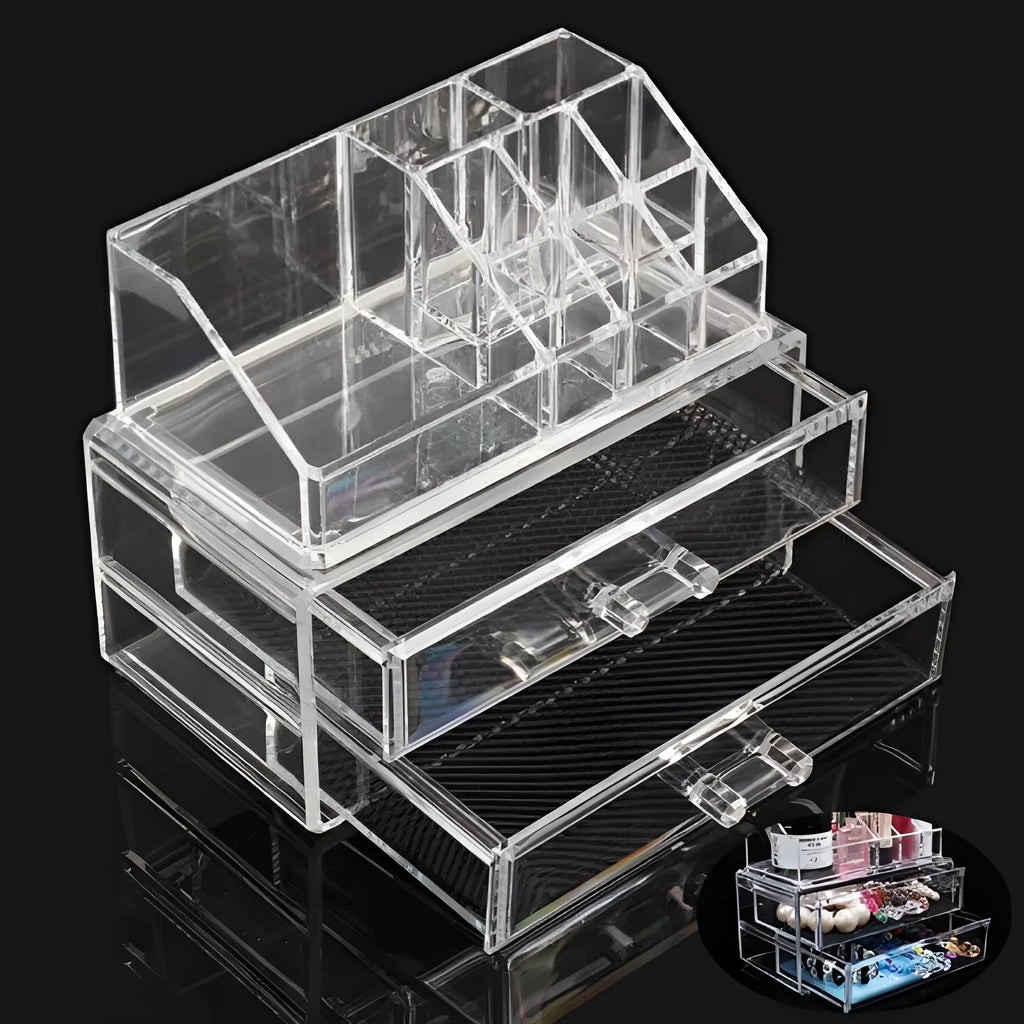 Clear foldable acrylic makeup storage organiser box showing 18L capacity