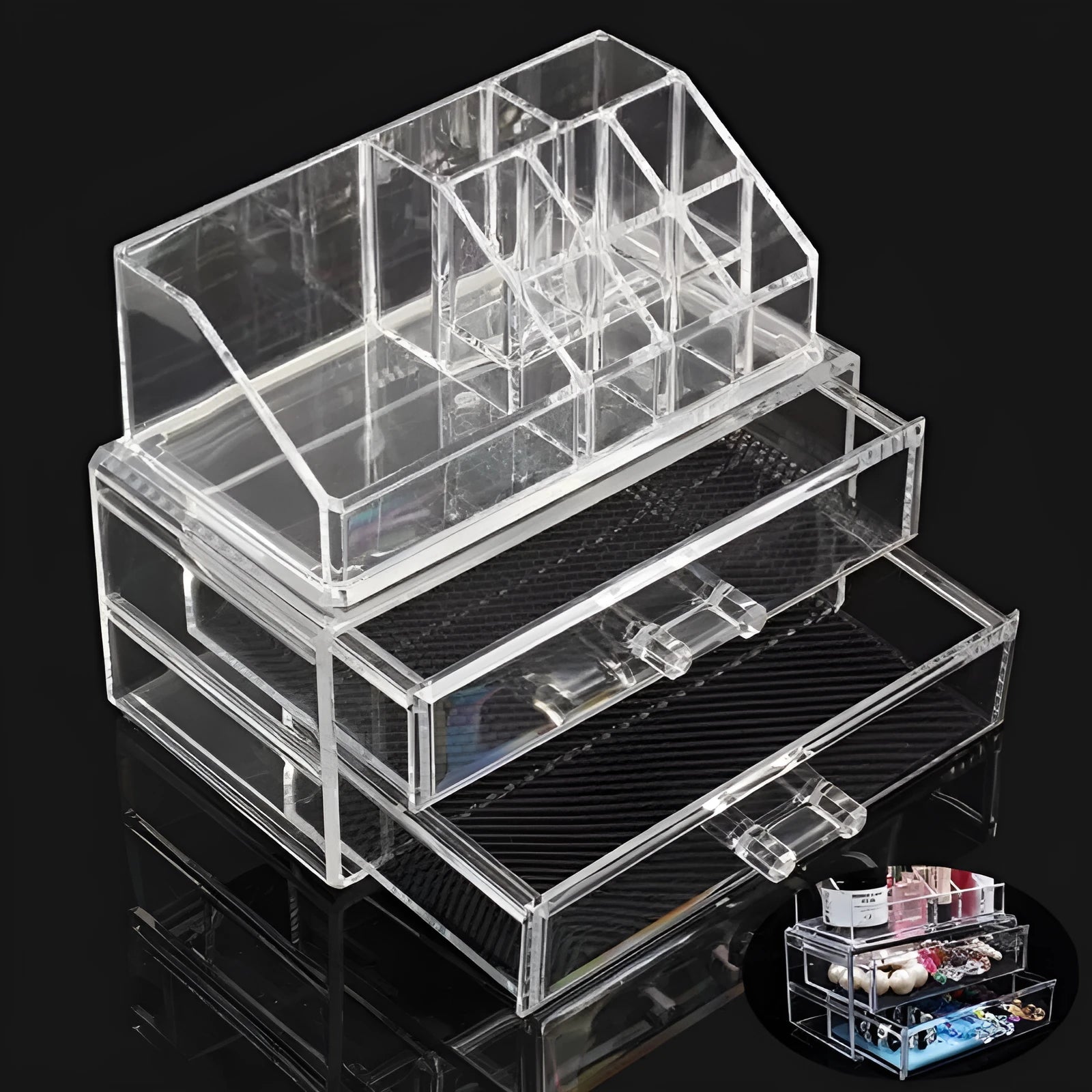 Clear foldable acrylic makeup storage organiser box showing 18L capacity